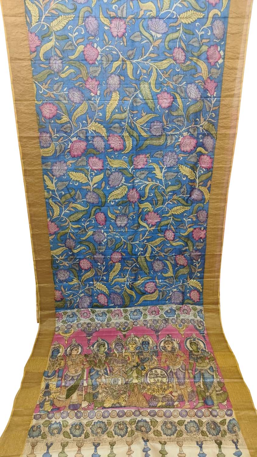 Blue Hand Painted Kalamkari Pure Tussar Silk Saree