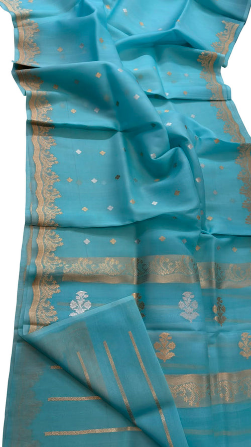 Blue Handloom Banarasi Pure Kora Organza Saree