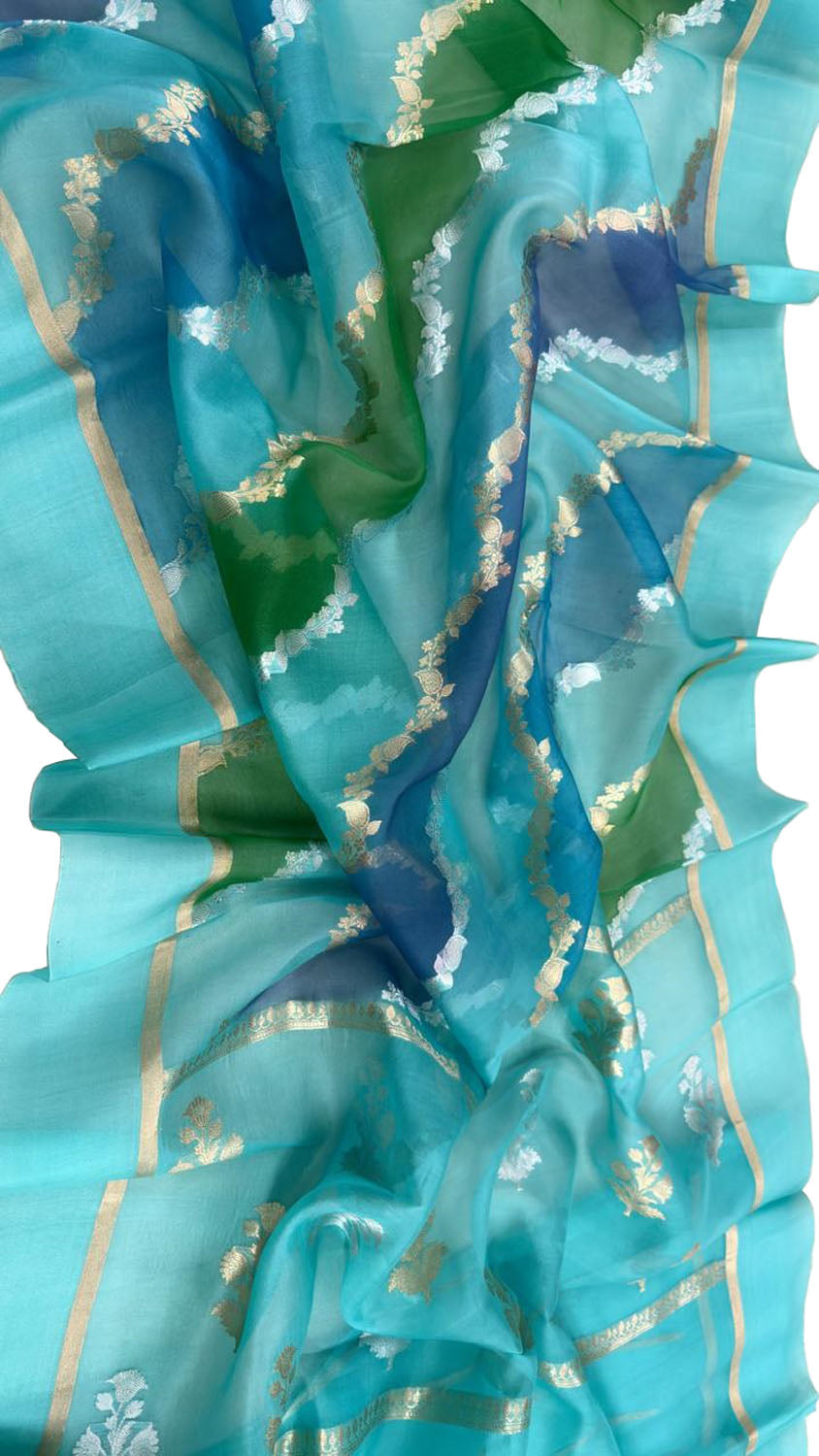 Blue Handloom Banarasi Pure Kora Organza Silk Sona Roopa Flower Design Saree