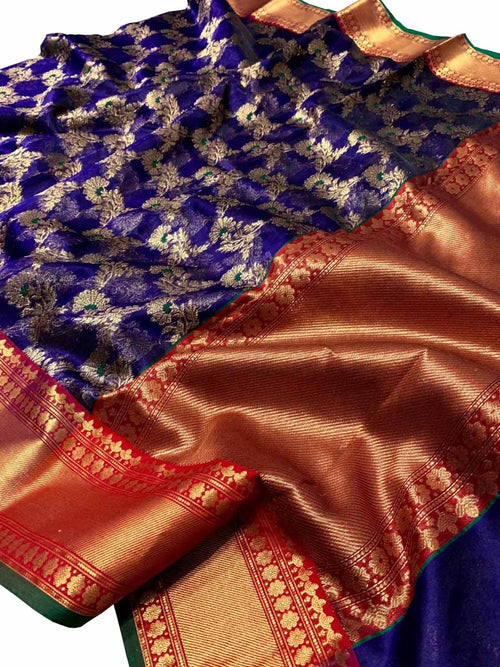 Blue Chanderi Pure Katan Silk Saree Festive