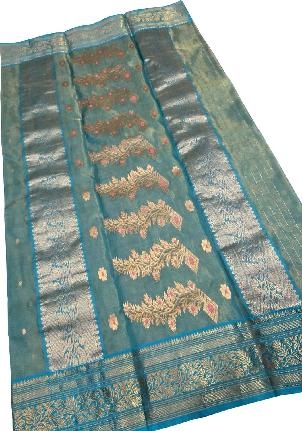 Blue Handloom Chanderi Tissue Katan Silk Saree — Zari Weave, Wedding
