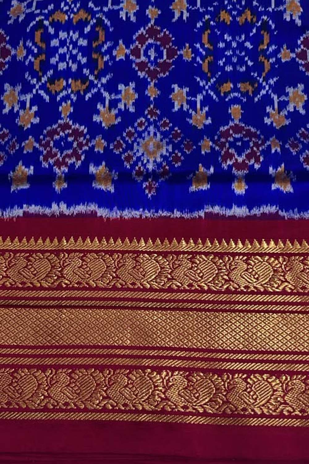 Blue Ikat Pure Silk Saree Handloom Woven Kanjeevaram Border