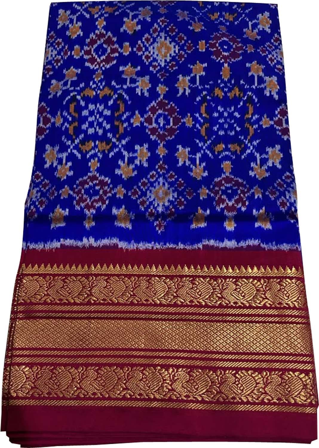 Blue Ikat Pure Silk Saree Handloom Woven Kanjeevaram Border