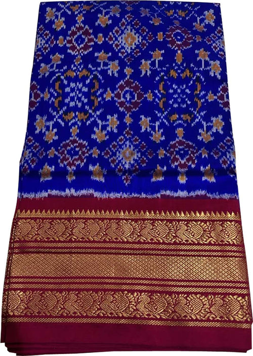 Blue Ikat Pure Silk Saree Handloom Woven Kanjeevaram Border