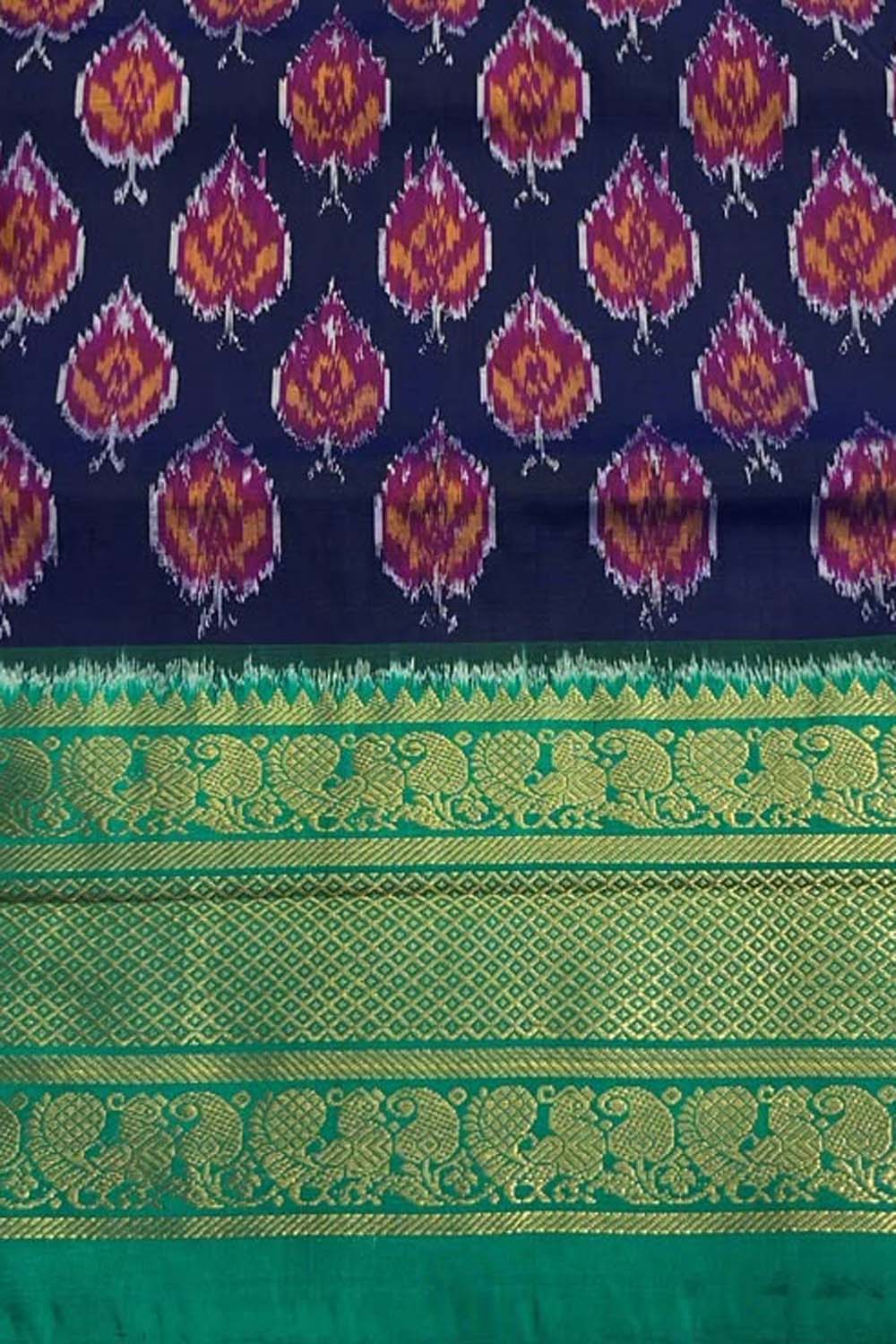 Blue Ikat Pure Silk Saree Handloom Woven Kanjeevaram Border