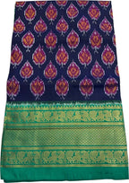 Blue Ikat Pure Silk Saree Handloom Woven Kanjeevaram Border
