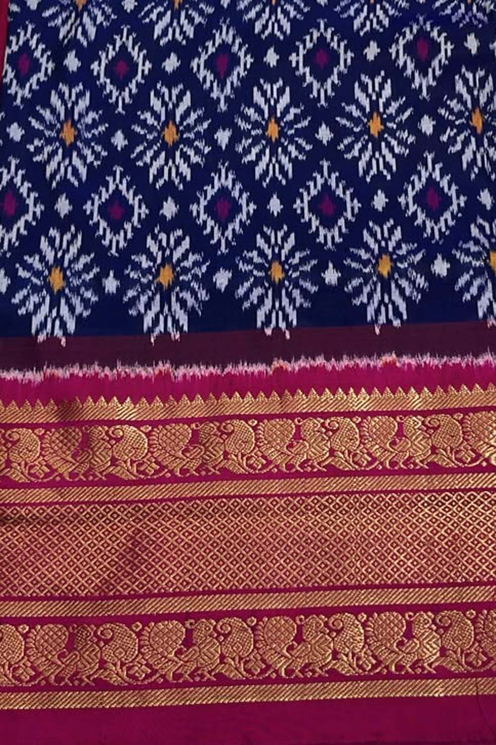 Blue Ikat Pure Silk Saree Handloom Woven Kanjeevaram Border