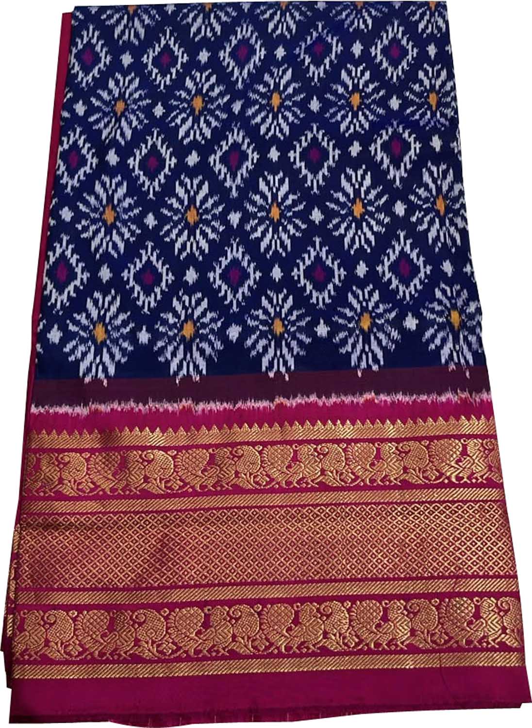 Blue Ikat Pure Silk Saree Handloom Woven Kanjeevaram Border