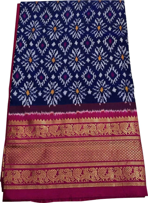 Blue Ikat Pure Silk Saree Handloom Woven Kanjeevaram Border
