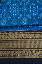 Blue Ikat Pure Silk Saree Handloom Woven Kanjeevaram Border