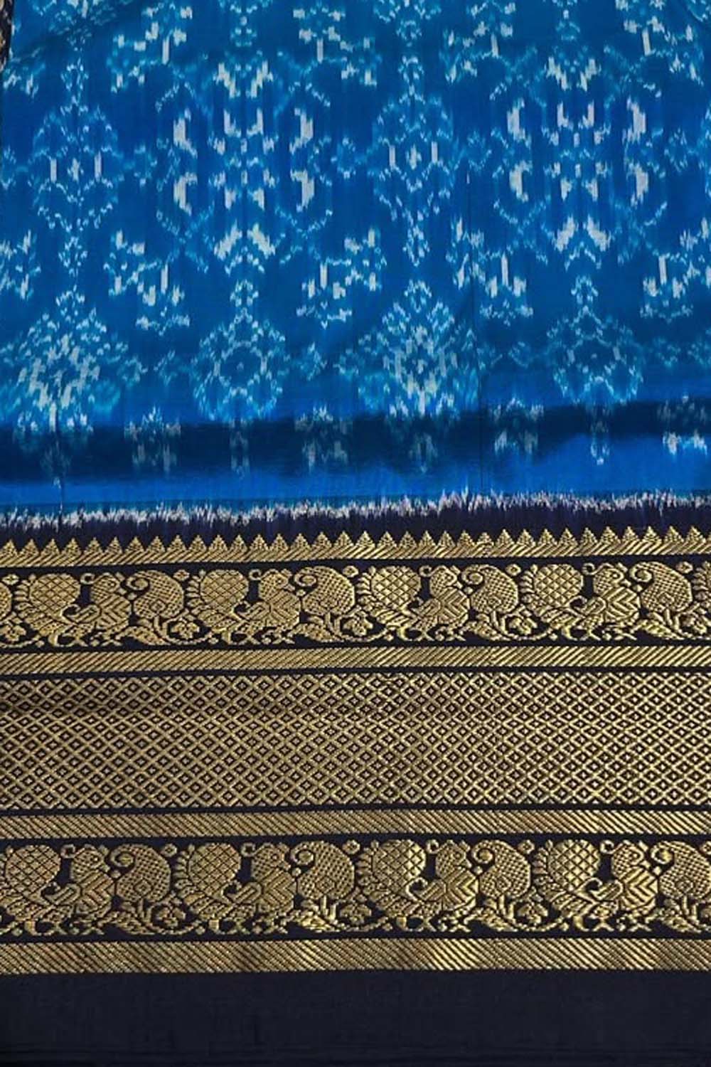 Blue Ikat Pure Silk Saree Handloom Woven Kanjeevaram Border