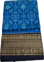 Blue Ikat Pure Silk Saree Handloom Woven Kanjeevaram Border