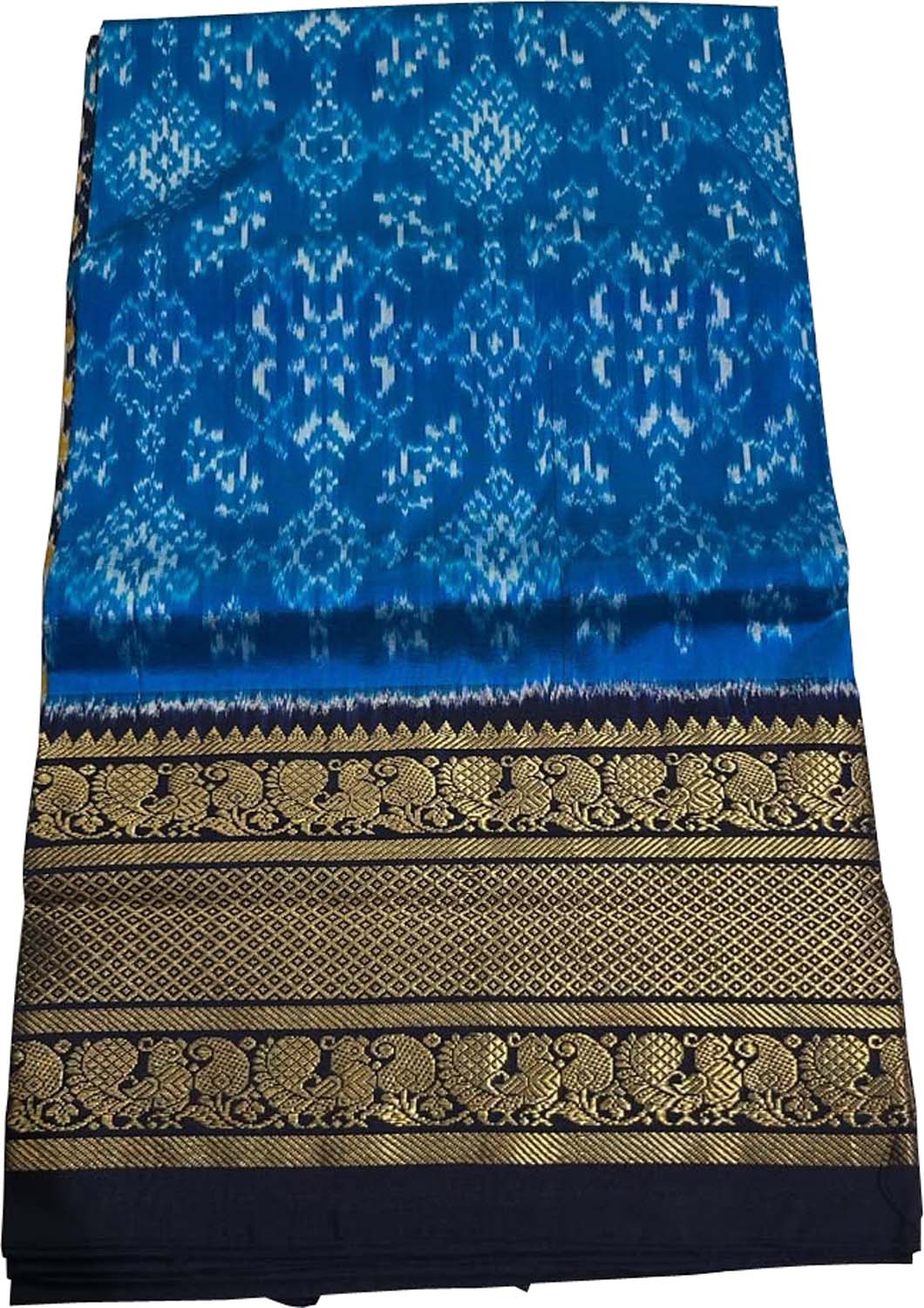 Blue Ikat Pure Silk Saree Handloom Woven Kanjeevaram Border