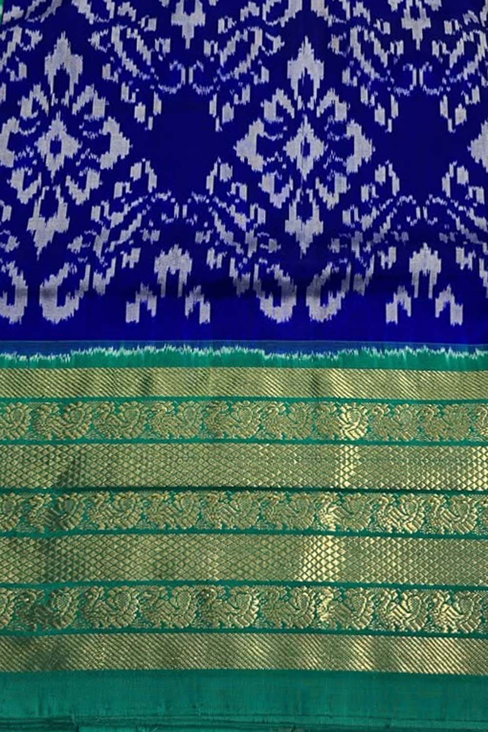 Blue Ikat Pure Silk Saree Handloom Woven Kanjeevaram Border