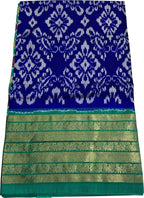 Blue Ikat Pure Silk Saree Handloom Woven Kanjeevaram Border