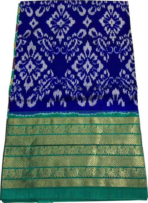 Blue Ikat Pure Silk Saree Handloom Woven Kanjeevaram Border