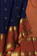 Blue Handloom Kanjeevaram Pure Silk Saree — Kamalam Lotus Zari Pallu, Wedding