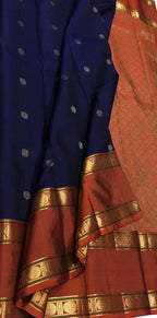 Blue Handloom Kanjeevaram Pure Silk Saree — Kamalam Lotus Zari Pallu, Wedding