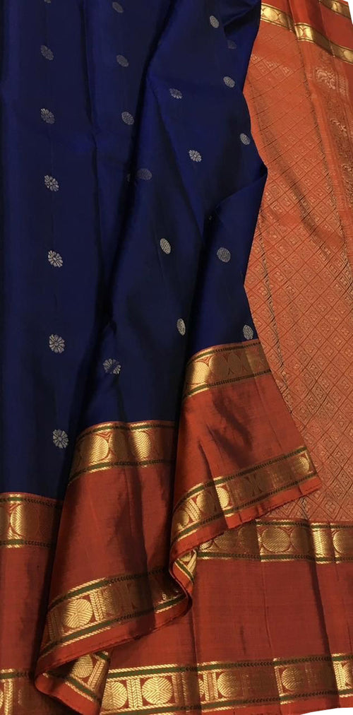 Blue Handloom Kanjeevaram Pure Silk Saree — Kamalam Lotus Zari Pallu, Wedding