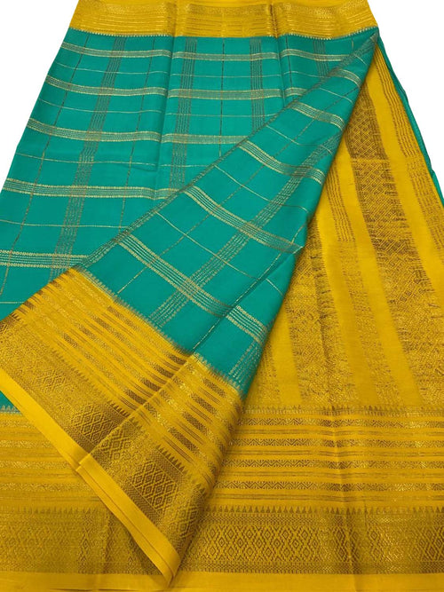 Blue Mysore Crepe Silk Checks Saree — Handloom Weave, Festive