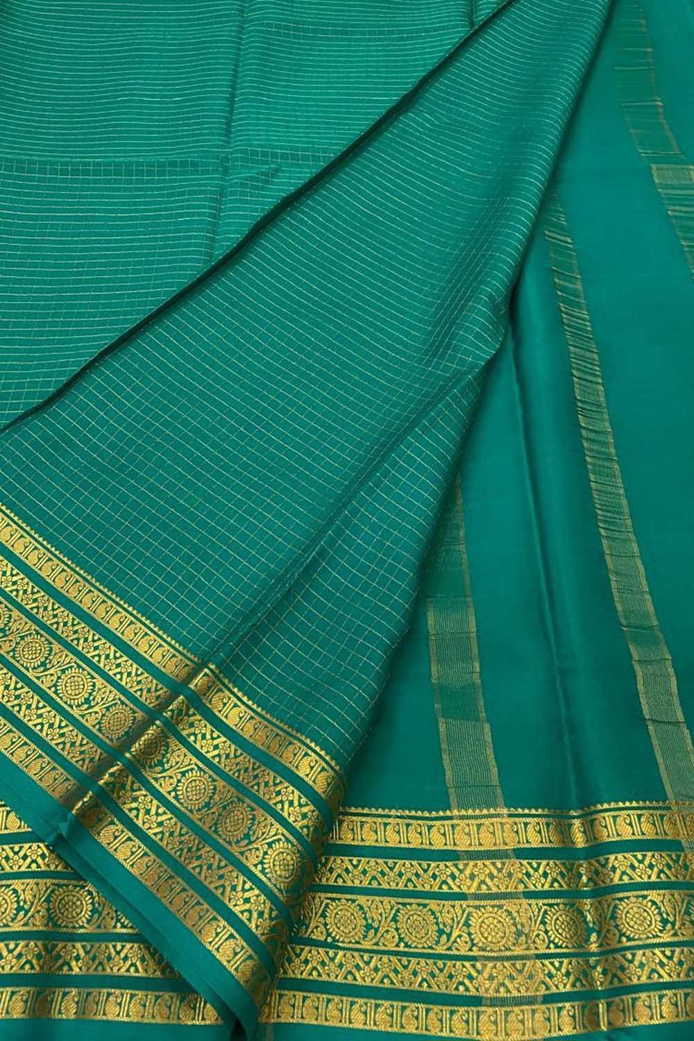 Blue Handloom Mysore Pure Crepe Silk Checks Design Saree