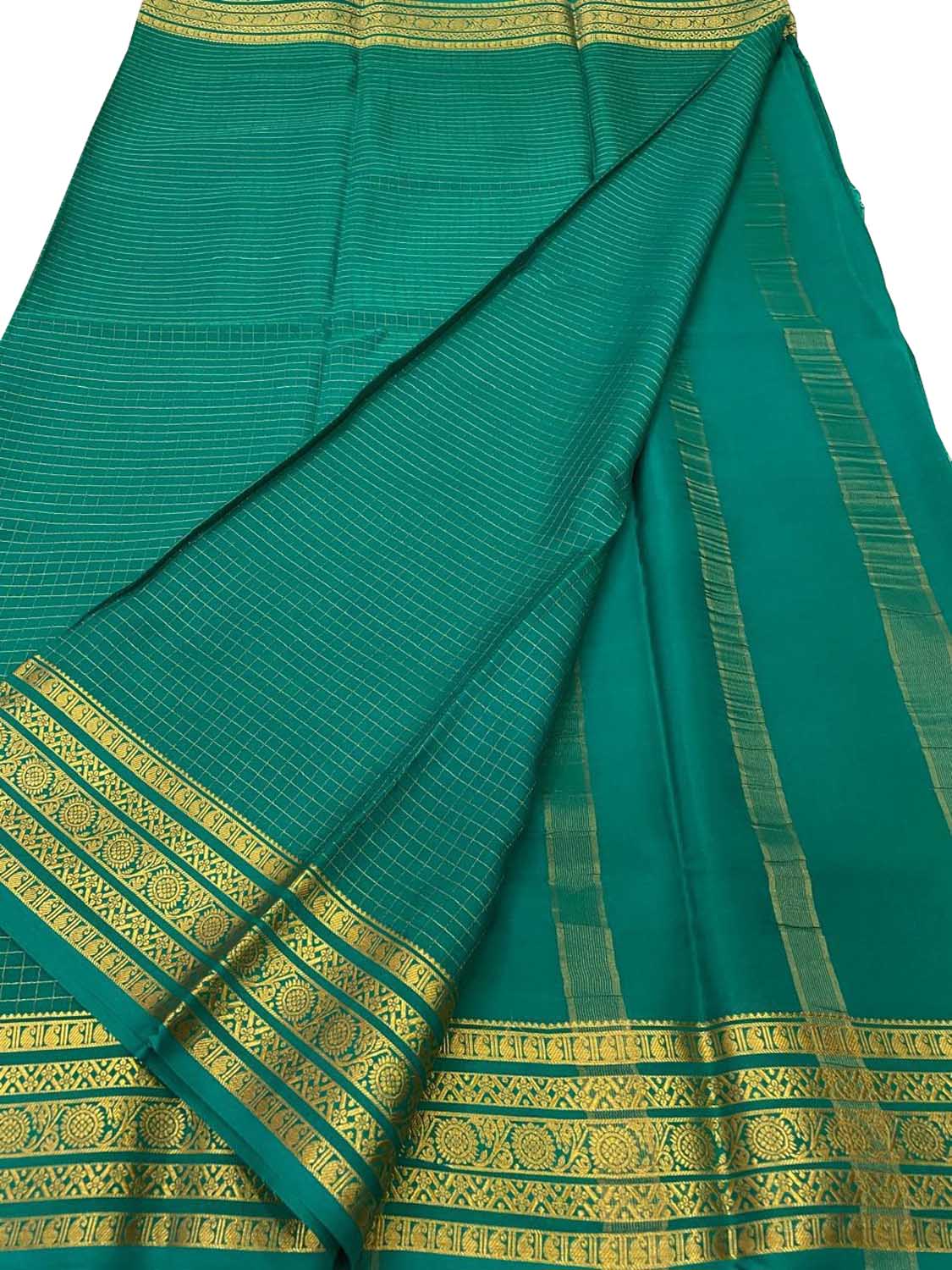 Blue Handloom Mysore Pure Crepe Silk Checks Design Saree