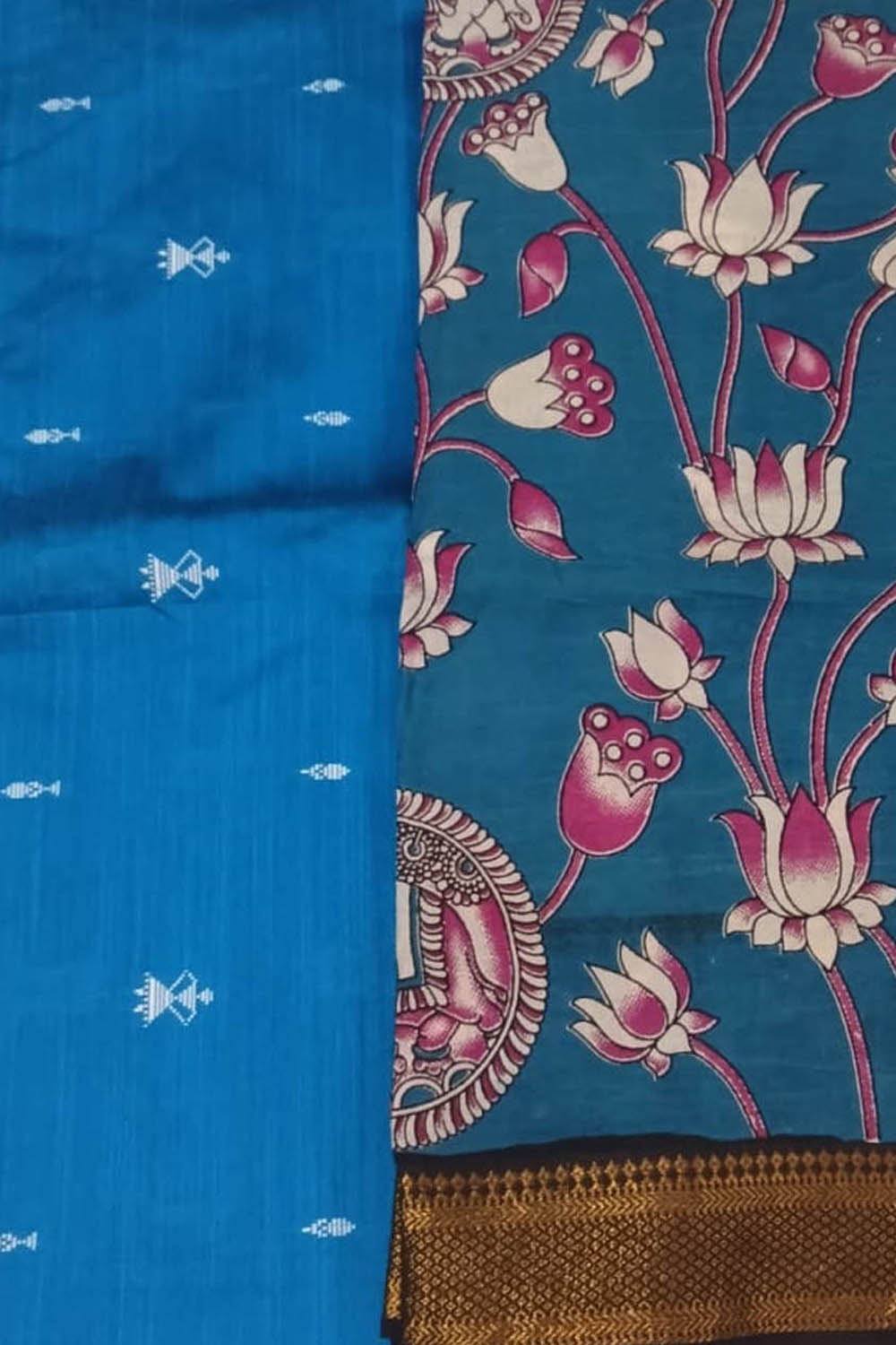 Blue Kalamkari Raw Silk Suit With Chennur Silk Dupatta Hand Painted