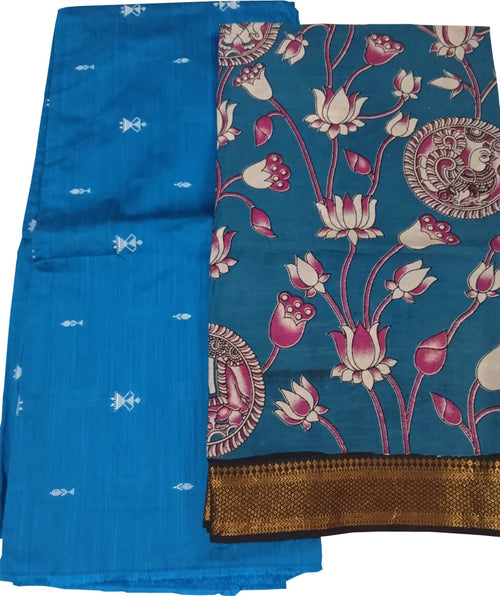 Blue Kalamkari Hand Painted Raw Silk Suit With Chennur Silk Dupatta