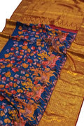 Blue Kanjeevaram Pure Silk Saree Hand Painted Kalamkari Festive