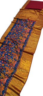 Blue Kanjeevaram Pure Silk Saree Hand Painted Kalamkari Festive