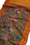 Blue Kanjeevaram Pure Silk Saree Hand Painted Kalamkari Heritage