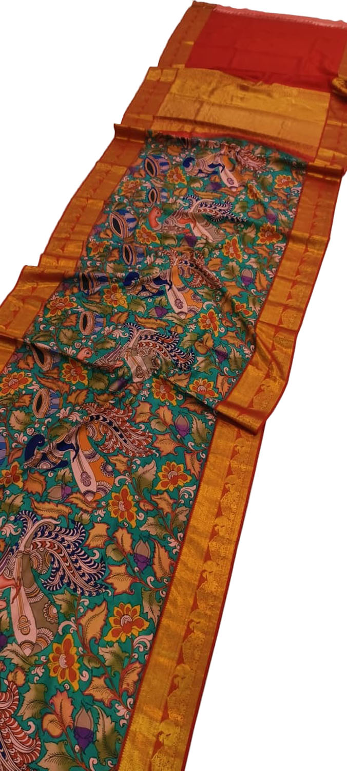 Blue Kanjeevaram Pure Silk Saree Hand Painted Kalamkari Heritage