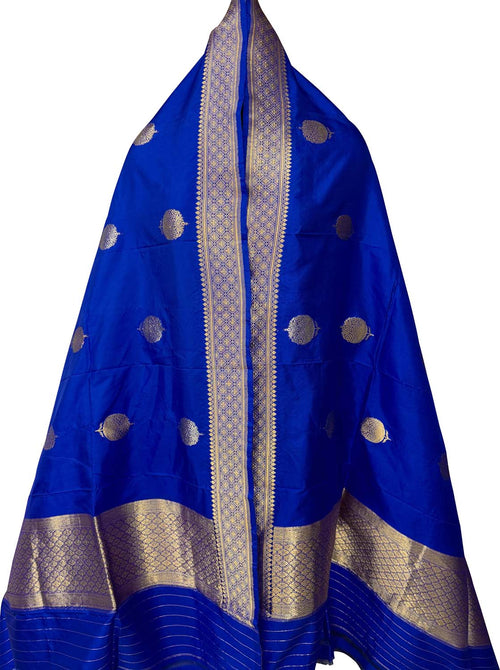 Blue Pure Katan Silk Banarasi Handloom Booti Design Handloom Dupatta