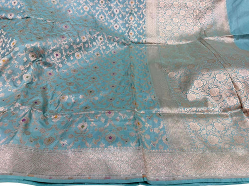 Blue Pure Katan Silk Banarasi Saree Handloom Festive Wear