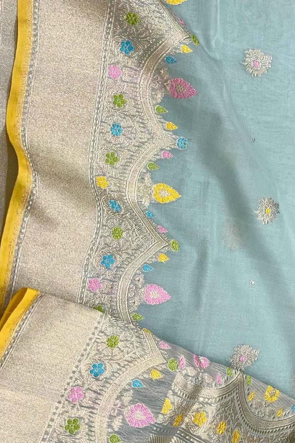 Blue Banarasi Pure Kora Tissue Handloom Saree Meenakari