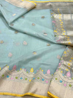 Blue Banarasi Pure Kora Tissue Handloom Saree Meenakari