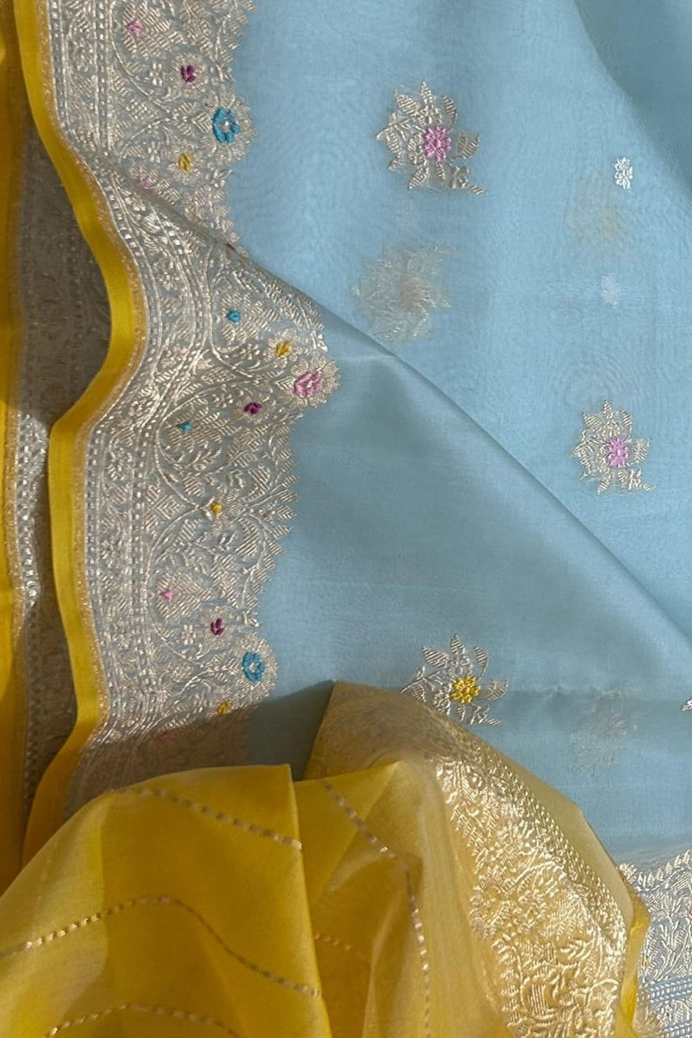 Blue Pure Kora Tissue Banarasi Handloom Meenakari Weaved Saree
