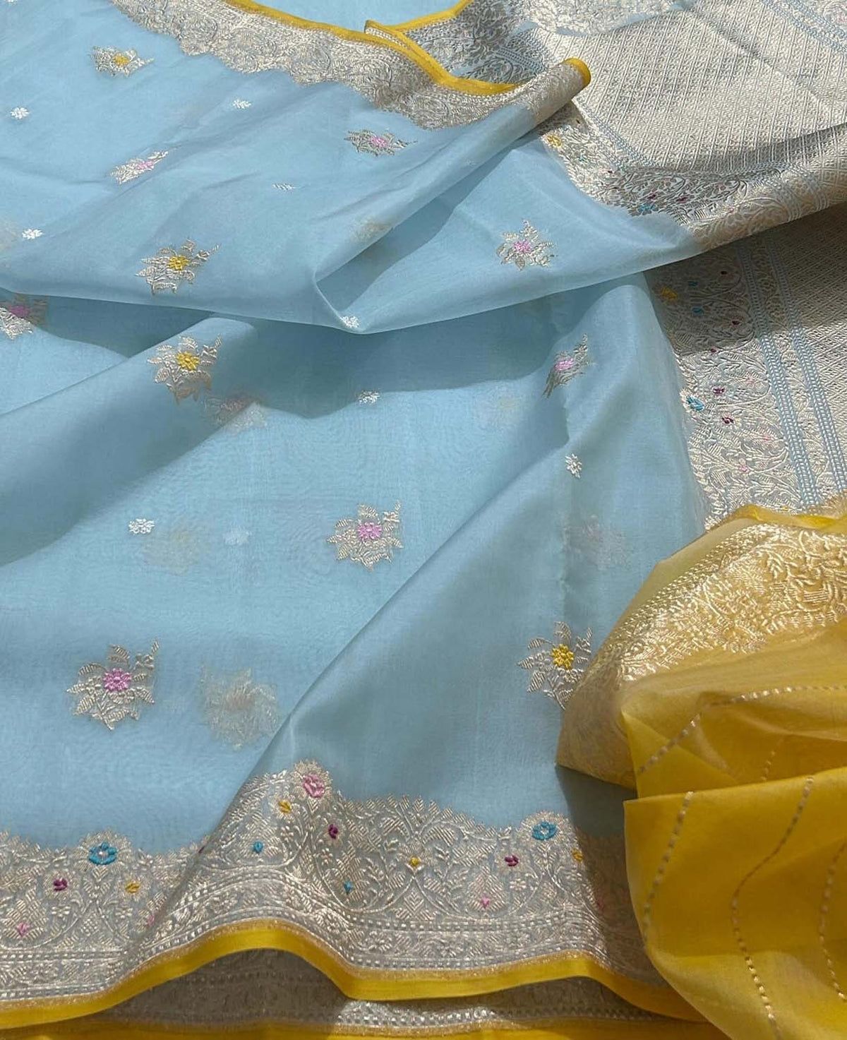Blue Pure Kora Tissue Banarasi Handloom Meenakari Weaved Saree