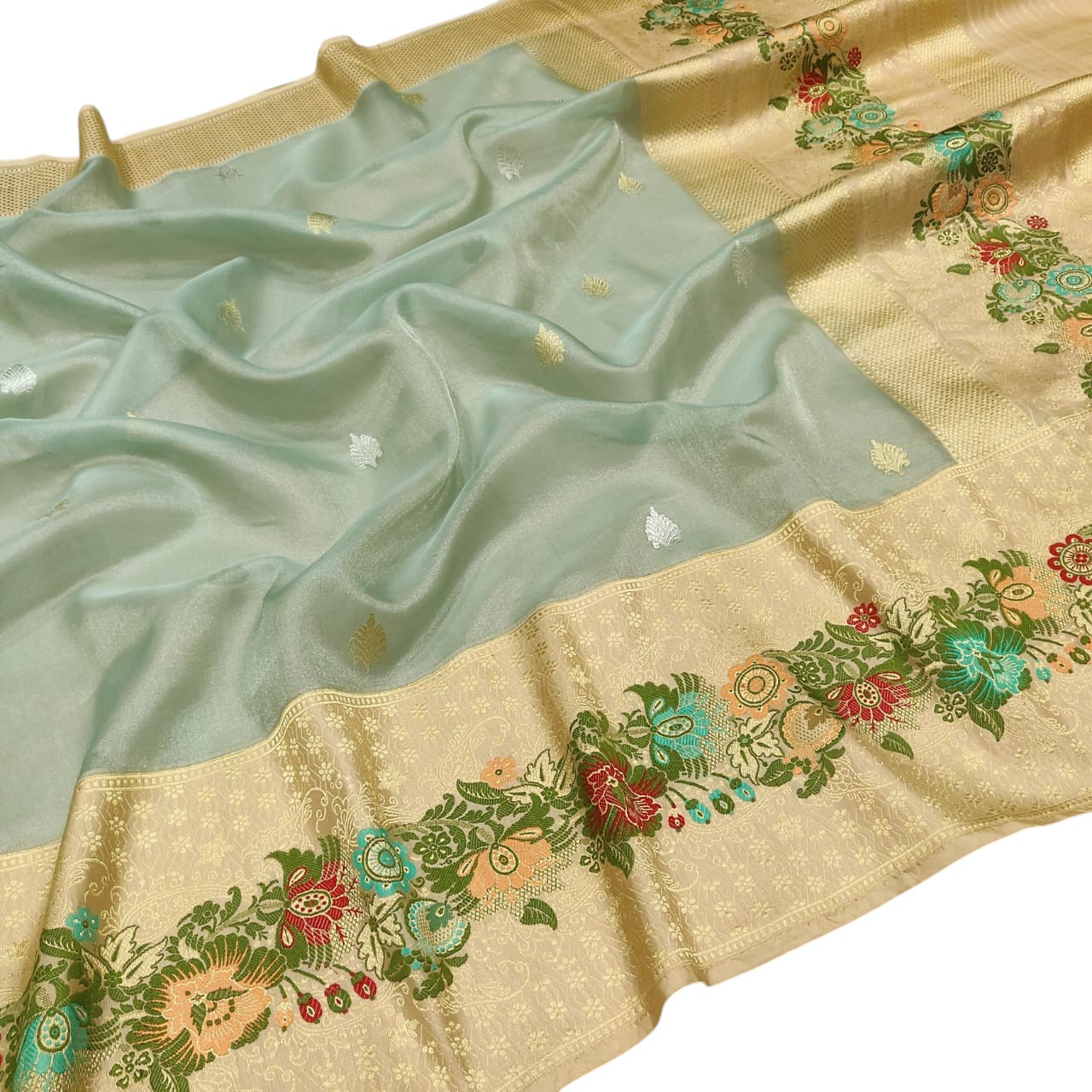 Blue Banarasi Kora Tissue Silk Saree — Meenakari Skirt Border, Wedding Wear