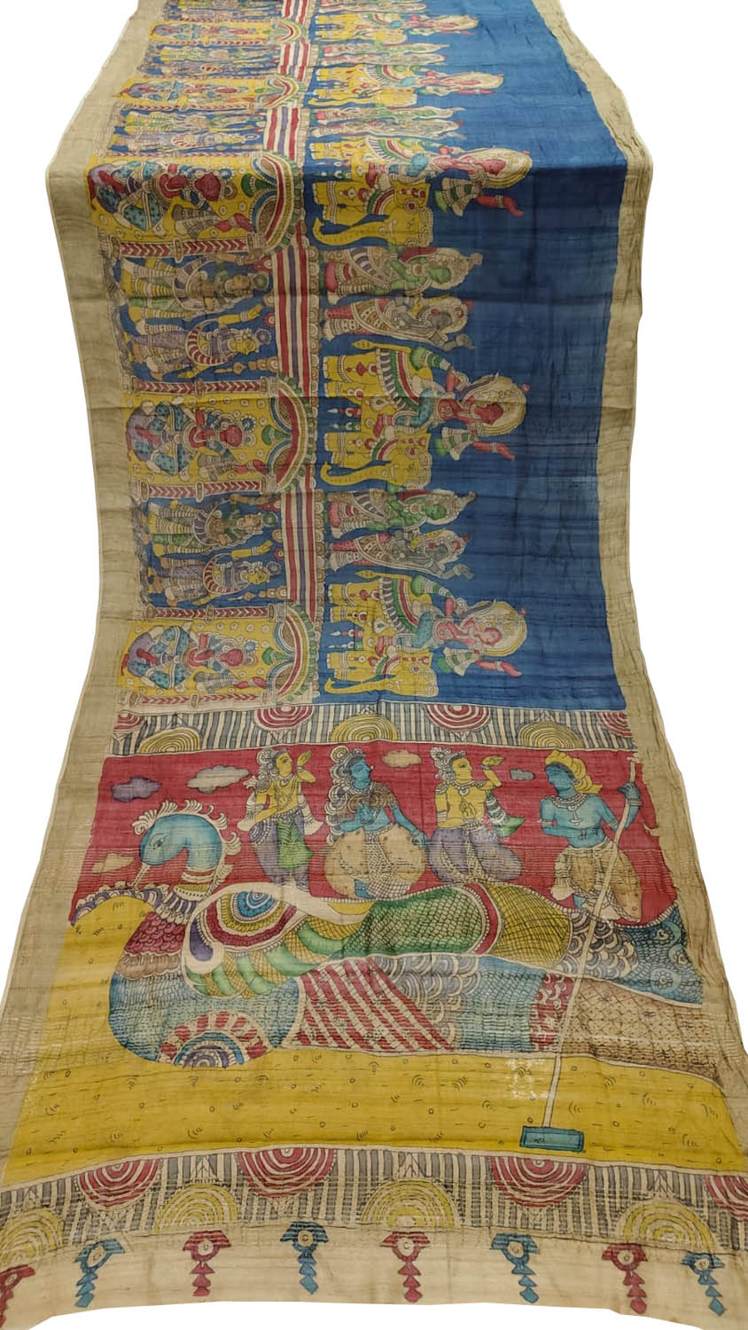 Blue Pure Tussar Silk Hand Painted Kalamkari Saree