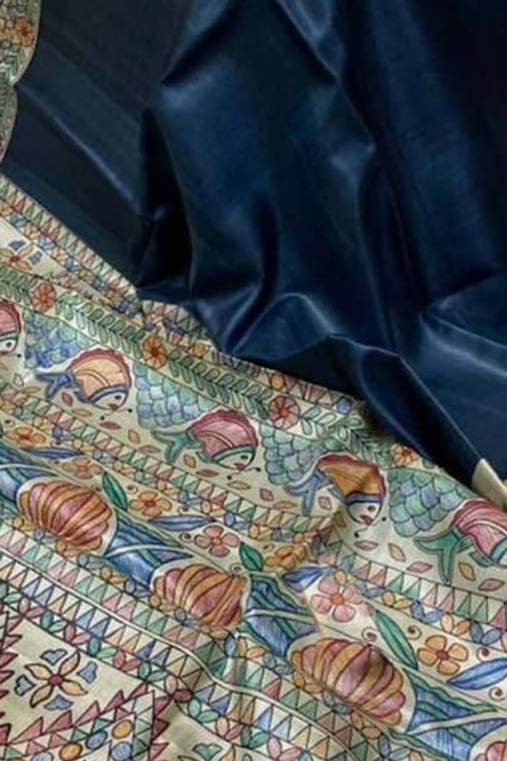 Blue Pure Tussar Silk Hand Painted Madhubani Saree