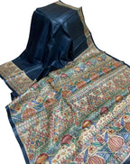 Blue Pure Tussar Silk Hand Painted Madhubani Saree