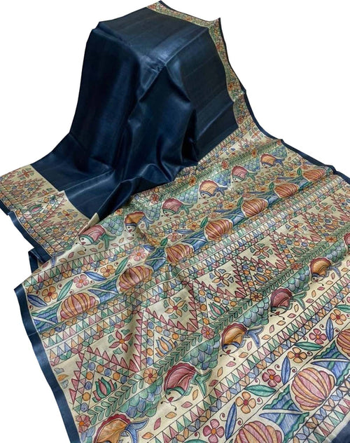 Blue Pure Tussar Silk Hand Painted Madhubani Saree