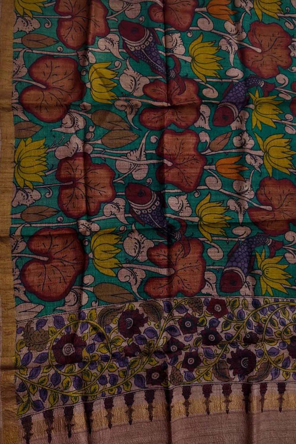 Blue Pure Tussar Silk Pen Kalamakari Hand Painted Dupatta