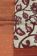 Brown And Off White Kalamkari Hand Painted Raw Silk Suit With Chennur Silk Dupatta