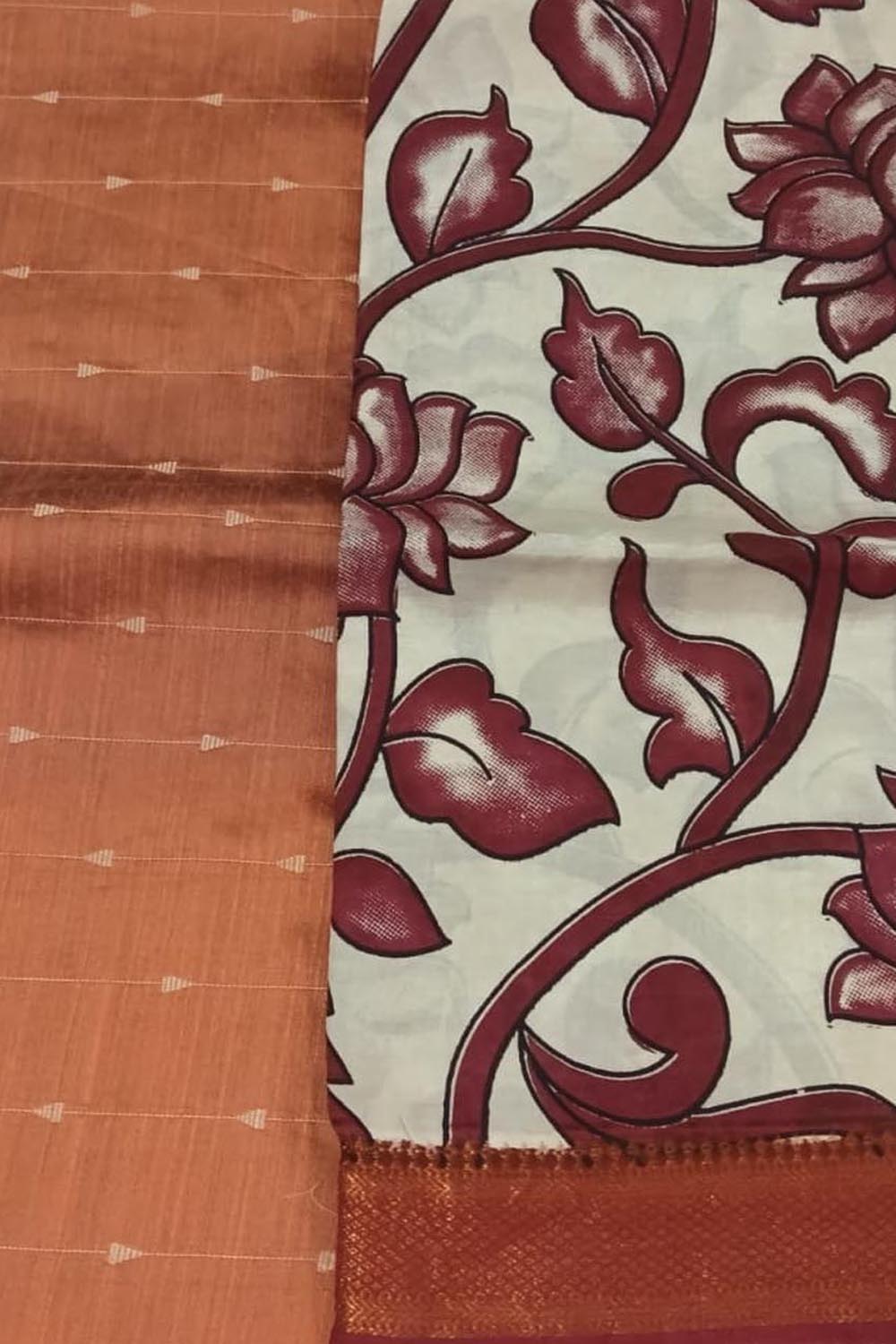 Brown And Off White Kalamkari Hand Painted Raw Silk Suit With Chennur Silk Dupatta