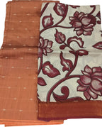 Brown And Off White Kalamkari Hand Painted Raw Silk Suit With Chennur Silk Dupatta
