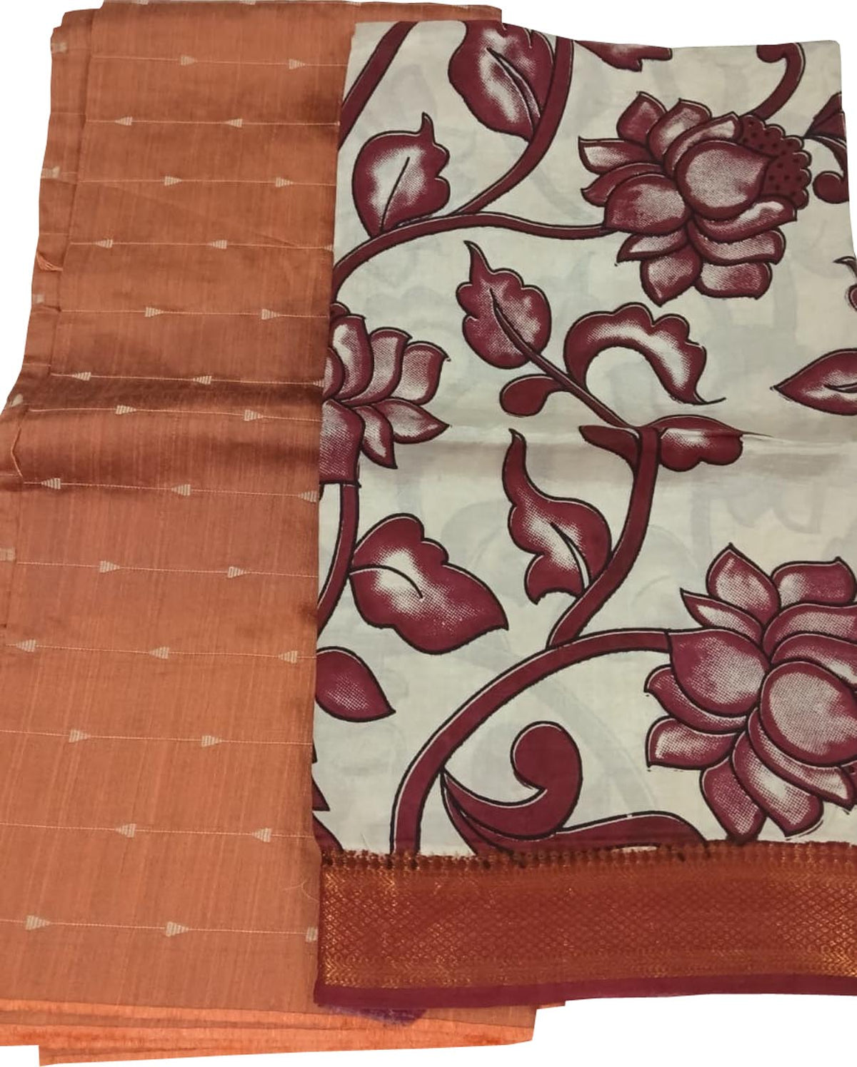 Brown And Off White Kalamkari Hand Painted Raw Silk Suit With Chennur Silk Dupatta