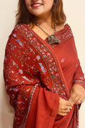 Brown Kashmiri Sozni Pure Crepe Saree—Vine & Floral Embroidery, Festive