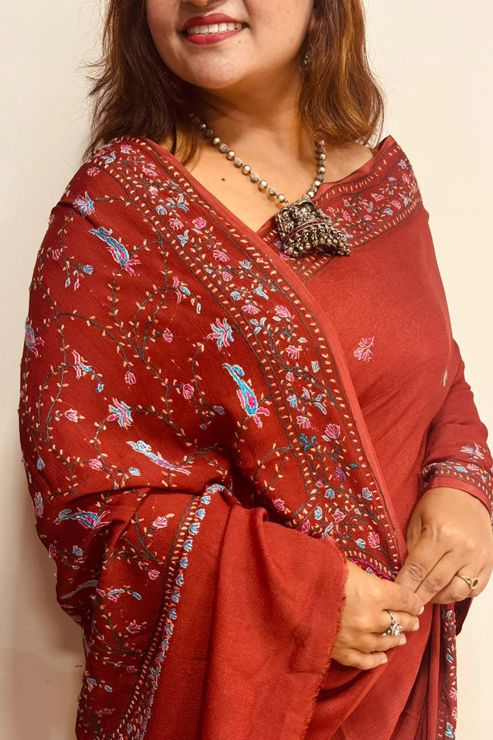 Brown Kashmiri Sozni Pure Crepe Saree—Vine & Floral Embroidery, Festive